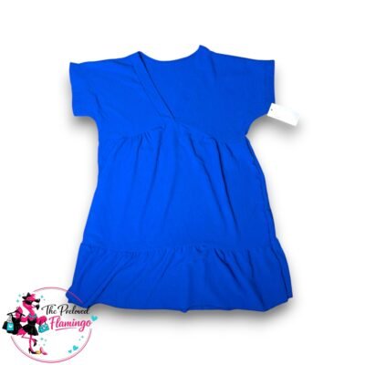 Blue Tiered Smock Dress V Neck Short Sleeve Floaty Summer Holiday Dress One Size UK 8-12