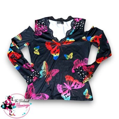 ChicMe Black Butterfly Print Cold Shoulder Long Sleeve Top Lace Trim Pearl Detail Y2K - XL UK 12 14 BNWOT