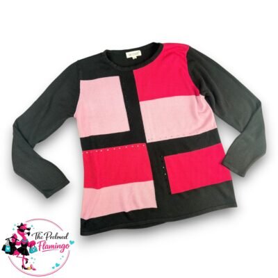 Fay Louise Black Pink Colour Block Jumper Sequin Detail Long Sleeve Knit Top - UK S