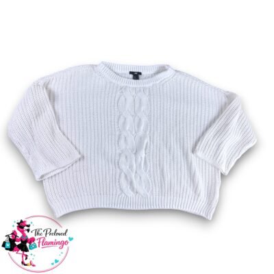 H&M White Cable Knit Jumper Chunky Knit Long Sleeve Crew Neck Cosy Top - UK M