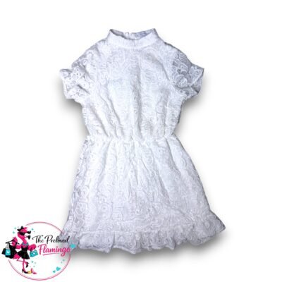 In The Style White Lace Dress UK 10 Crochet High Neck Frill Mini Lined Occasion Summer
