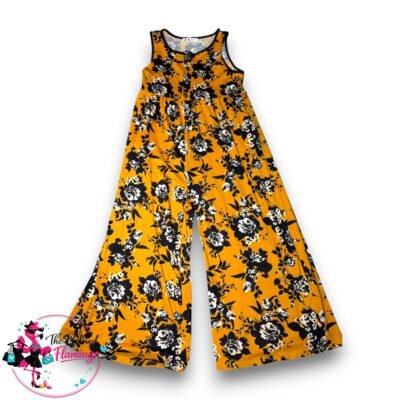 Mai Soli Mustard Floral Jumpsuit Wide Leg Cropped Culotte Button Front Pockets UK M