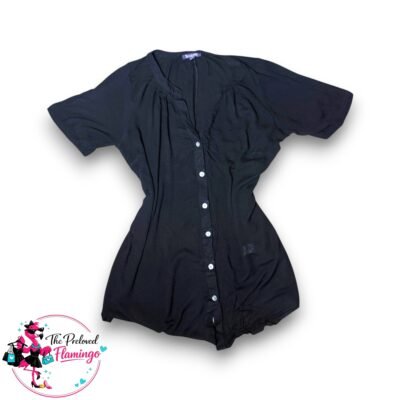 Roamans Black Button Front Blouse Short Sleeve Lightweight Floaty Relaxed Fit Plus Size - UK 12W BNWT