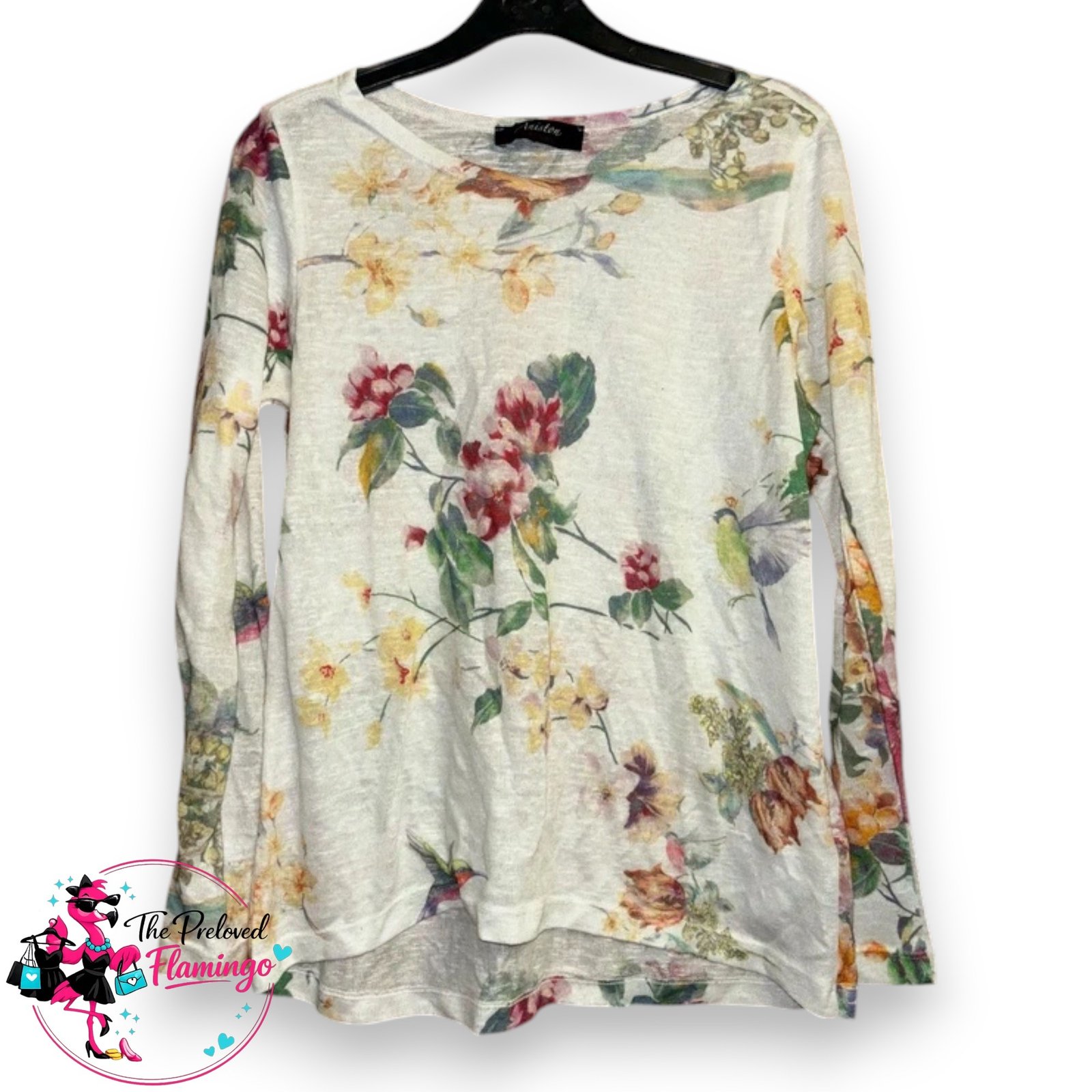 Aniston Floral Hummingbird Bird Print Top UK 10 Long Sleeve Lightweight Stretch Casual