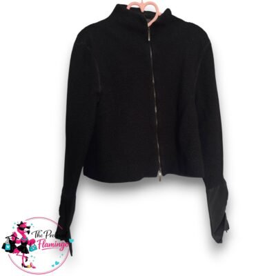 Annette Gortz Black Angora Blend Cropped Zip Jacket Designer Faux Leather Cuff UK M