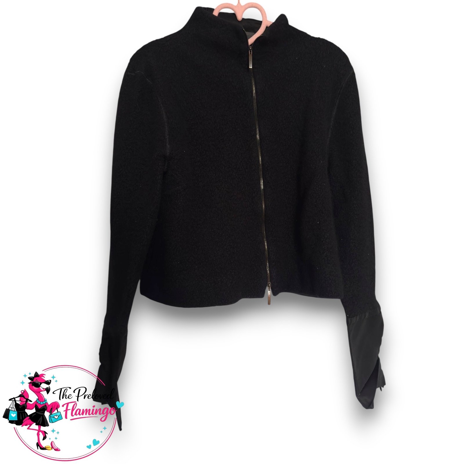 Annette Gortz Black Angora Blend Cropped Zip Jacket Designer Faux Leather Cuff UK M