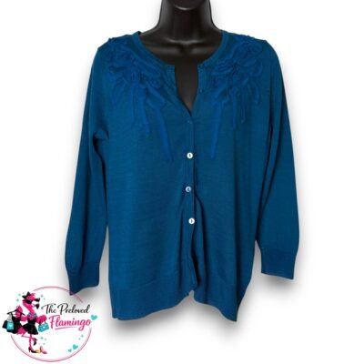 Cable & Gauge Teal Blue Floral Applique Button Cardigan Soft Knit Lightweight Size M UK 10 12