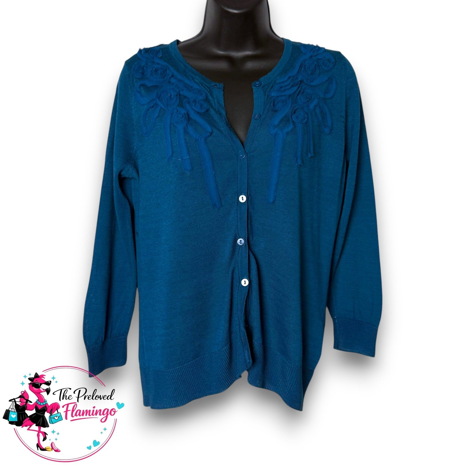 Cable & Gauge Teal Blue Floral Applique Button Cardigan Soft Knit Lightweight Size M UK 10 12