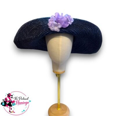 Elegant Navy Wide Brim Occasion Hat Lilac Floral Wedding Royal Ascot Races Ladies Day Fascinator-2