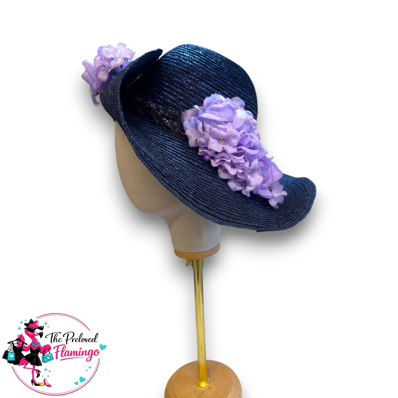 Elegant Navy Wide Brim Occasion Hat Lilac Floral Wedding Royal Ascot Races Ladies Day Fascinator
