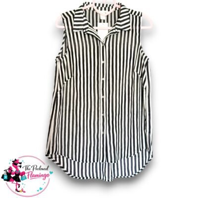 H&M Black White Striped Sleeveless Blouse Shirt Top Floaty Collared Chiffon UK 8 BNWT