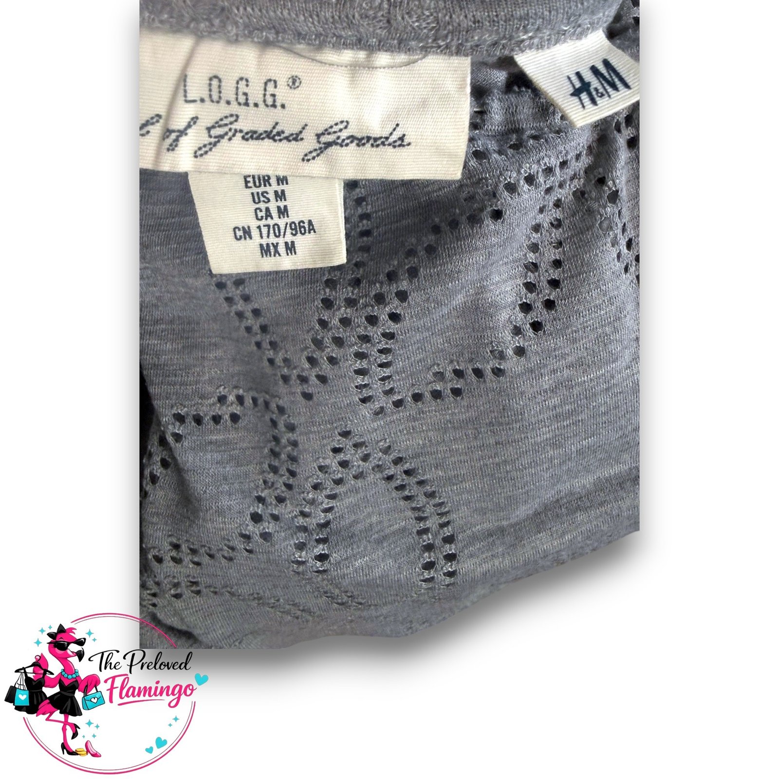 H&M LOGG Grey Perforated Pattern Long Sleeve Top Lightweight Stretch Jumper UK 10 - Image 4