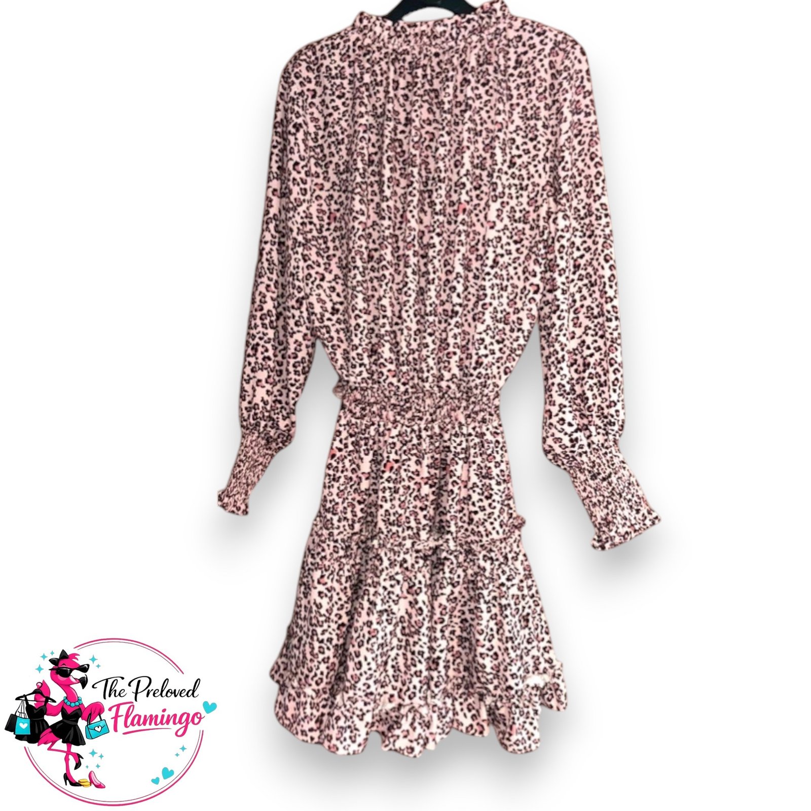 Leopard Print Smock Dress UK 10-12 Pink Floaty Mini Dress Shirred Waist Long Sleeve - Image 3