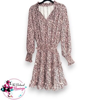 Leopard Print Smock Dress UK 10-12 Pink Floaty Mini Dress Shirred Waist Long Sleeve