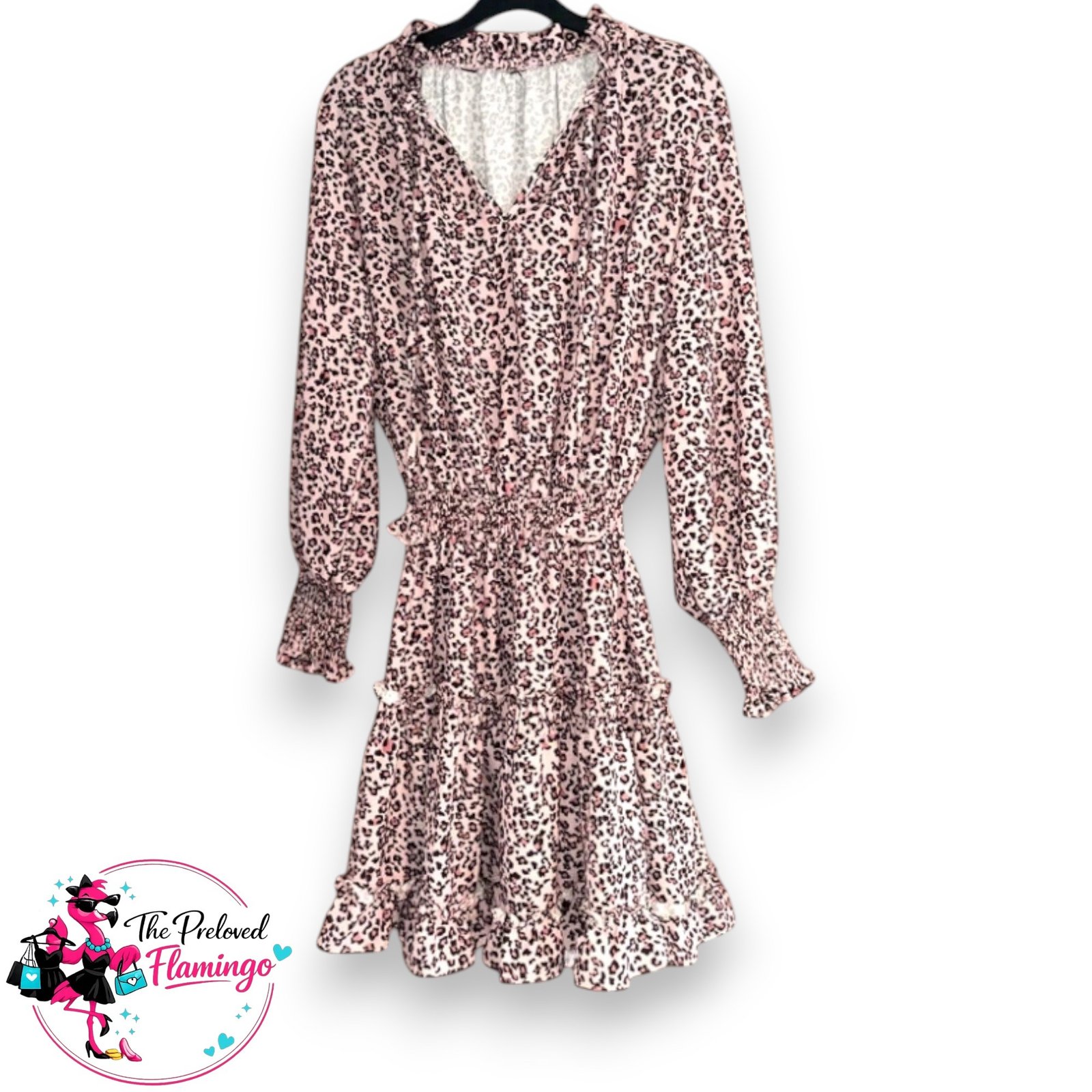 Leopard Print Smock Dress UK 10-12 Pink Floaty Mini Dress Shirred Waist Long Sleeve