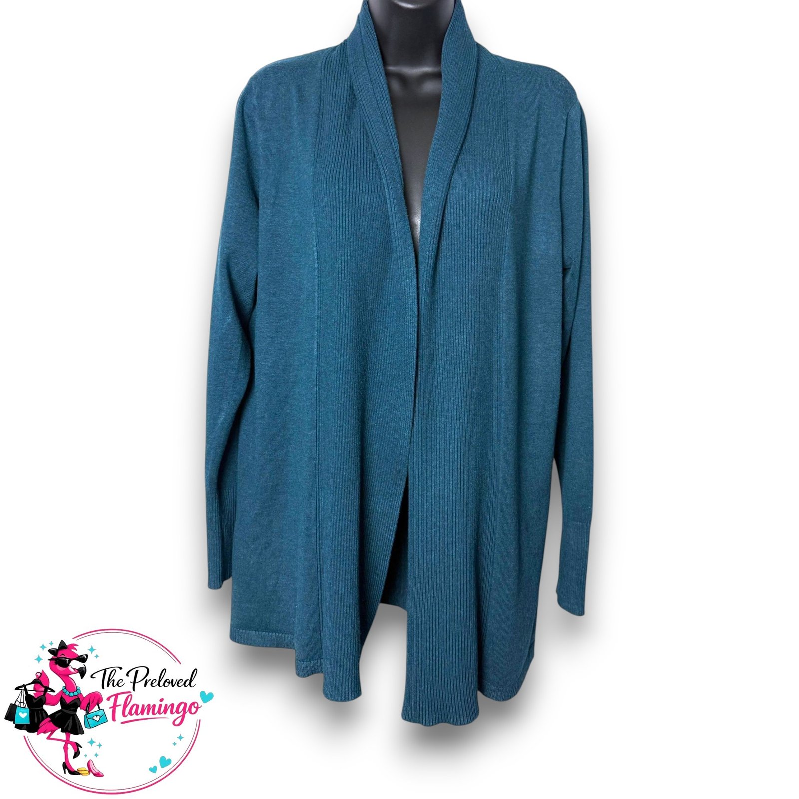M&Co Teal Green Ribbed Longline Open Front Cardigan Lightweight Layering UK 14