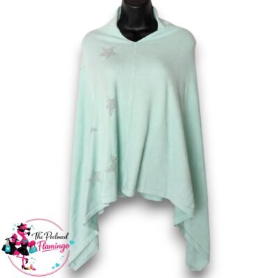 Mint Green Star Embellished Poncho Oversized Knit Cape Diamante One Size UK 8-16