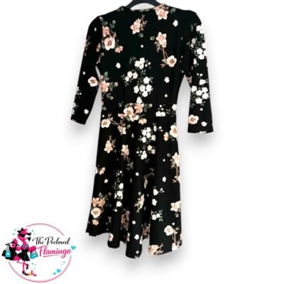 Shenaz Black Floral Skater Dress Size M UK 10-12 Cross Over V Neck Stretch 3_4 Sleeve-2
