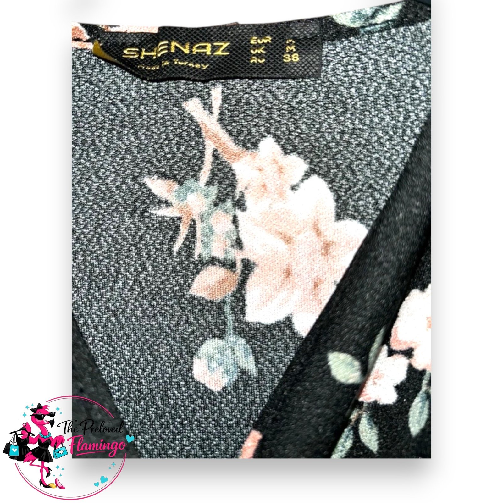 Shenaz Black Floral Skater Dress Size M UK 10-12 Cross Over V Neck Stretch 3/4 Sleeve - Image 3