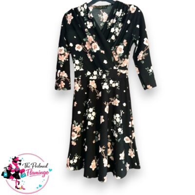 Shenaz Black Floral Skater Dress Size M UK 10-12 Cross Over V Neck Stretch 3/4 Sleeve
