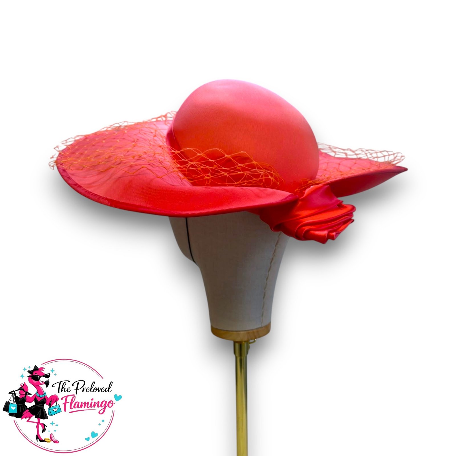 Vintage Coral Pink Wide Brim Occasion Hat Satin Rose Veil Royal Ascot Wedding Ladies Day Races