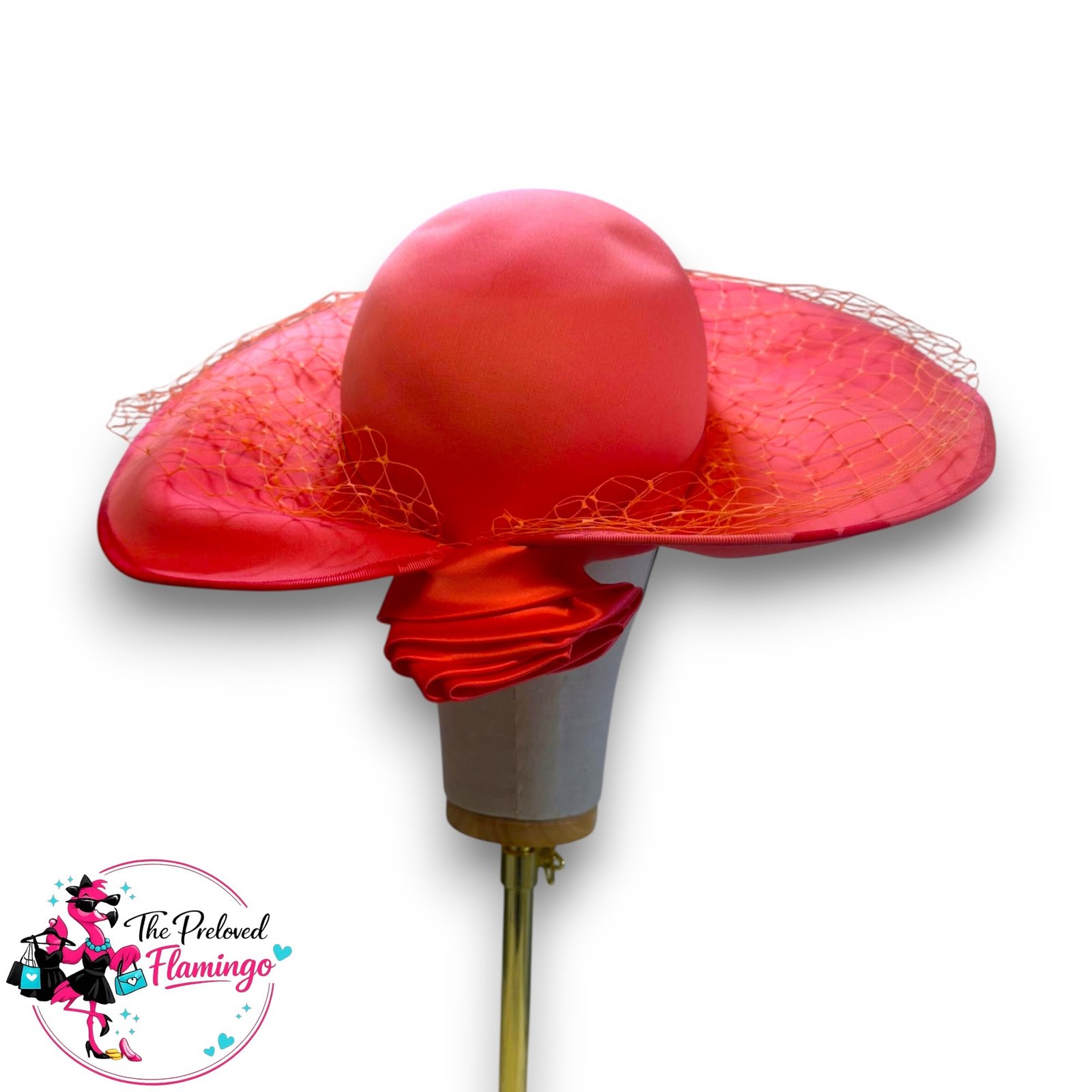 Vintage Coral Pink Wide Brim Occasion Hat Satin Rose Veil Royal Ascot Wedding Ladies Day Races - Image 3