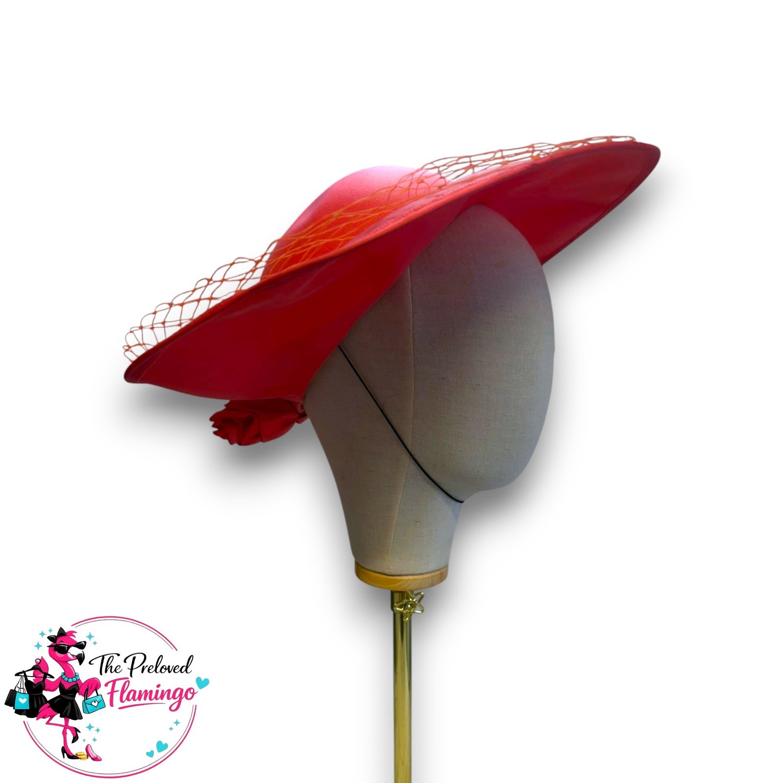 Vintage Coral Pink Wide Brim Occasion Hat Satin Rose Veil Royal Ascot Wedding Ladies Day Races - Image 4