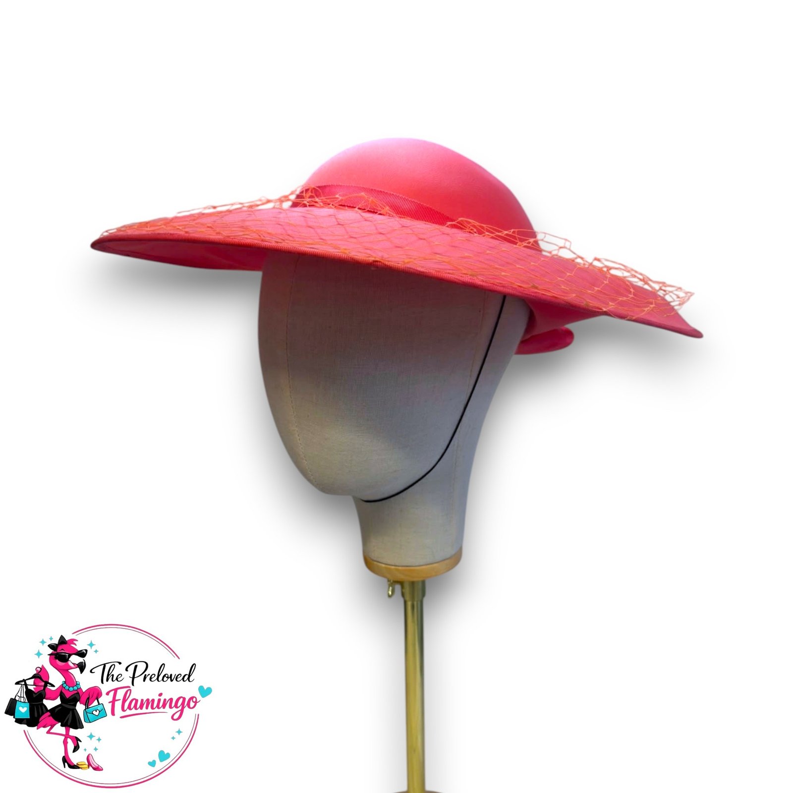 Vintage Coral Pink Wide Brim Occasion Hat Satin Rose Veil Royal Ascot Wedding Ladies Day Races - Image 2