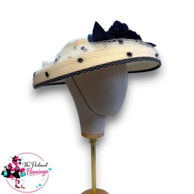 Vintage Cream Navy Wide Brim Occasion Hat Birdcage Veil Floral Wedding Royal Ascot Ladies Day