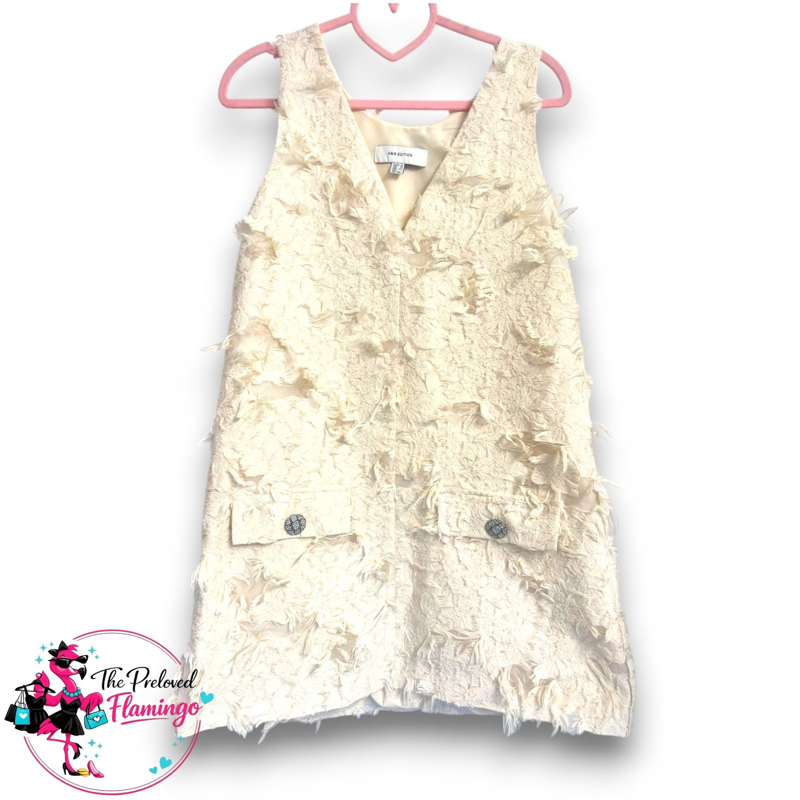 H&M Edition Ivory Jacquard Mini Dress Feather Fringe Rhinestone Wedding Ascot XS UK 6-8