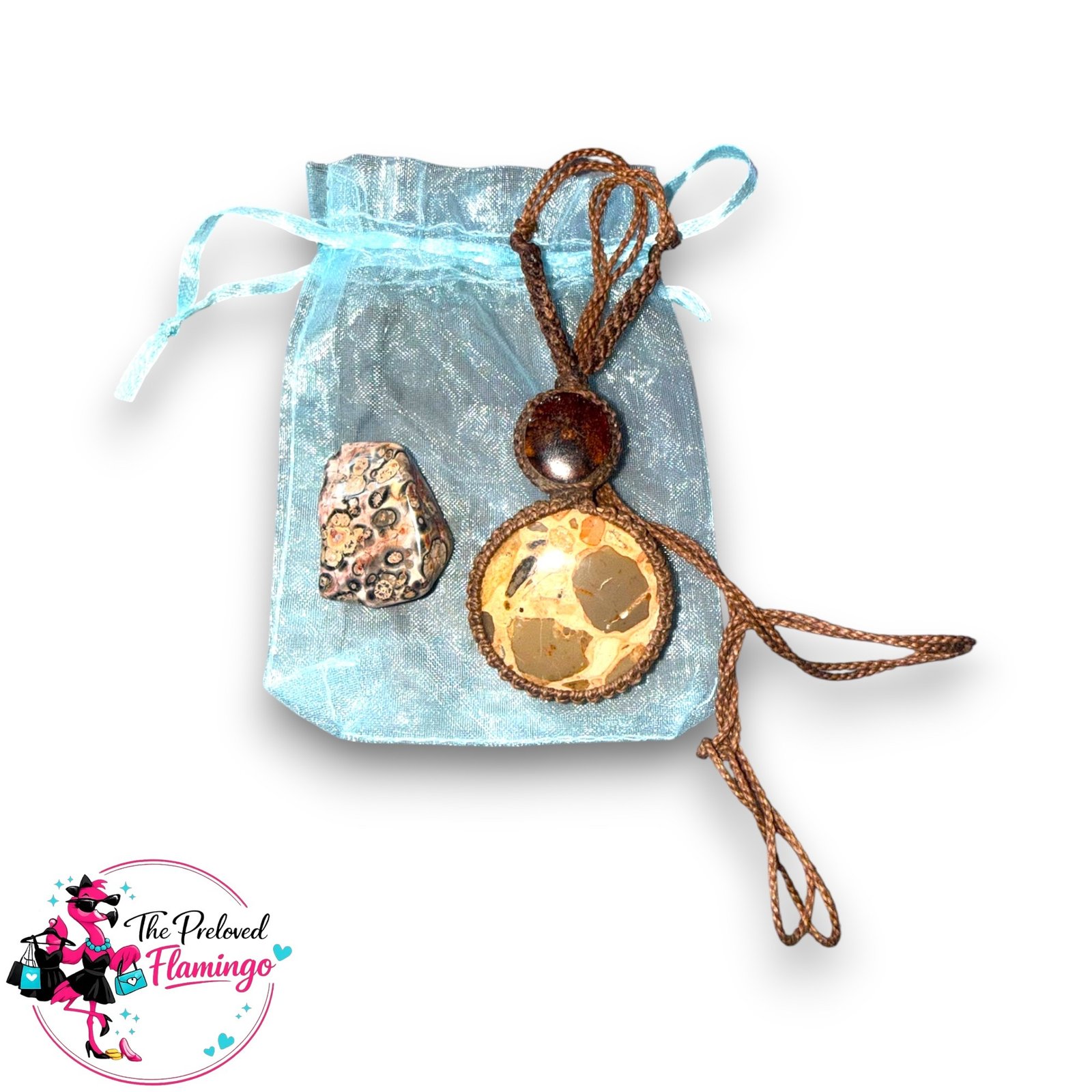 Handcrafted Peru Rhyolite Crystal Necklace Blessed By Shaman Macrame Adjustable Cord Gift Set New - Image 2