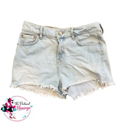 River Island Light Wash Denim Shorts Frayed Raw Hem Summer Festival Holiday UK 10 EU 36