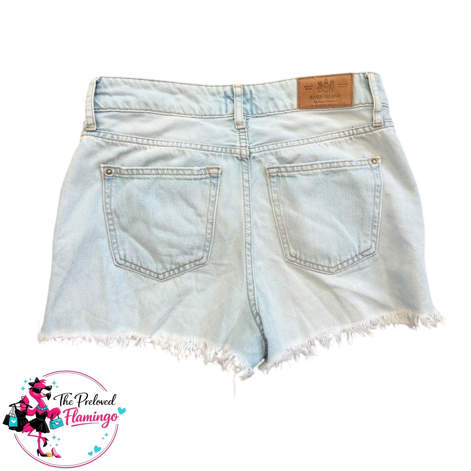 River Island Light Wash Denim Shorts Frayed Raw Hem Summer Festival Holiday UK 10 EU 36 - Image 5