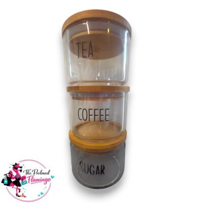 Tea Coffee Sugar Canister Set Stackable Glass Airtight Jars Bamboo Lids 3 Piece Storage