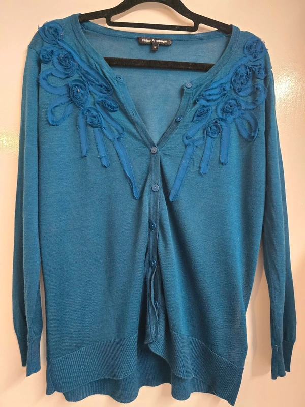 Cable & Gauge Floral Detail Cardigan – Teal